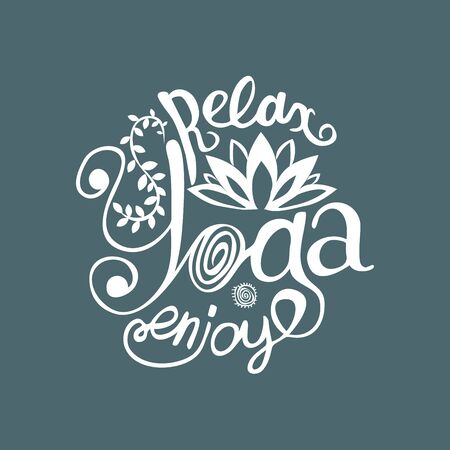 Hand lettering calligraphic inspiration poster with cartoon rabbits doing yoga poses.  Enjoy yoga poster or postcard. Vector illustration.のイラスト素材