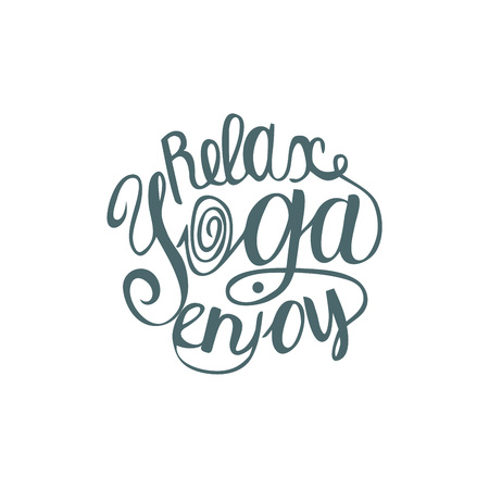 Hand lettering calligraphic inspiration poster with cartoon rabbits doing yoga poses.  Enjoy yoga poster or postcard. Vector illustration.のイラスト素材