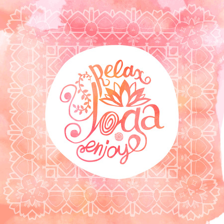 Vector yoga illustration. Yoga poster with an ethnic watercolor pattern. Template with Indian ornament and your text for yoga class, yoga studio, fitness center, advertising, yoga magazine.のイラスト素材