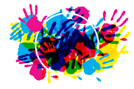 Big circle frame made of colored handprints. Vector illustration. Great banner for graphic or web designのイラスト素材