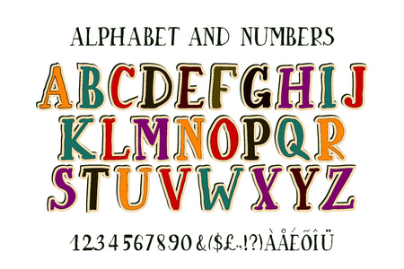 Retro alphabet font. Type letters, numbers and punctuation marks. Scratched background.のイラスト素材