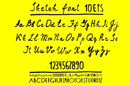 Elegant calligraphy letters with florishes. Handwritten alphabet with watercolor spots on background. Uppercase, lowercase letters, numbers and symbols. Hand drawn modern script.のイラスト素材