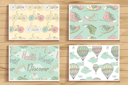 Set of four vintage seamless patterns. Bikes, sneakers, flying balloon, clouds and lettering. For your graphic design, perfect as a print for textilesのイラスト素材