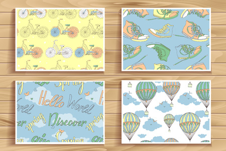 Set of four vintage seamless patterns. Bikes, sneakers, flying balloon, clouds and lettering. For your graphic design, perfect as a print for textilesのイラスト素材