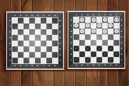 Ilustración de Vector set of chess boards on wooden background. checkers or draughts, a traditional board game with pieces in dark and light brown, vector illustration - Imagen libre de derechos