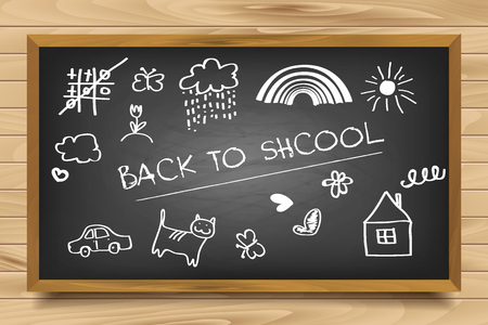 Welcome Back To School Typographical Background On Chalkboard With School Icon Elementsのイラスト素材
