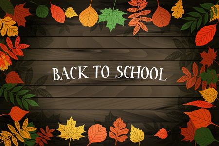 Back to School. Autumn leaves are drawn on the blackboard. Fall of the leaves. On wooden background.のイラスト素材
