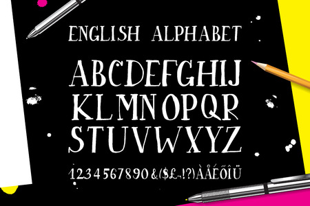 Hand drawn alphabet written with brush pen. Letters are decorated with color flowers.のイラスト素材