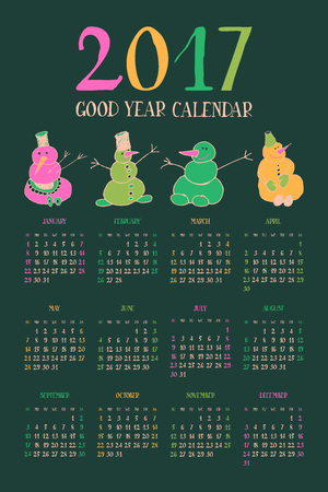Big wall monthly calendar for New Year 2017. Decorative vintage hand drawn funny snowmen. Sunday startのイラスト素材