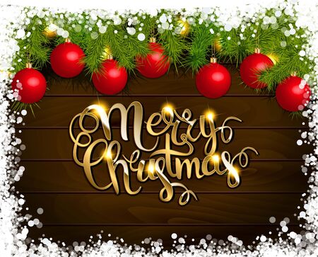 Merry Christmas vector background with fir tree branch color bulbs for winter Merry Christmas holidays celebration illustration flyer and postcard designのイラスト素材