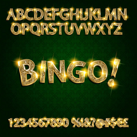 Bingo. Golden glowing alphabet and numbers on a dark background. Vector illustration for your graphic design.のイラスト素材