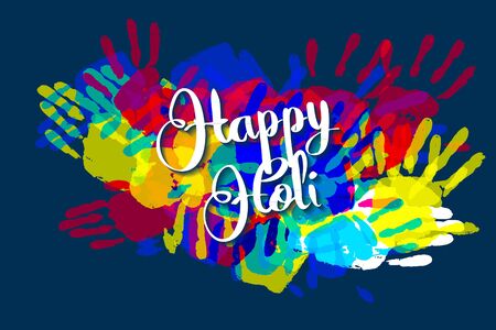 Happy Holi On A Background Of Hand Prints Happy Holi Background