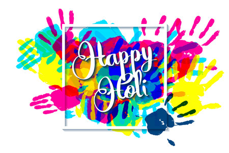 Happy holi on a background of hand prints. Happy Holi background in square frame. Vector illustration. Great banner for graphic or web designのイラスト素材