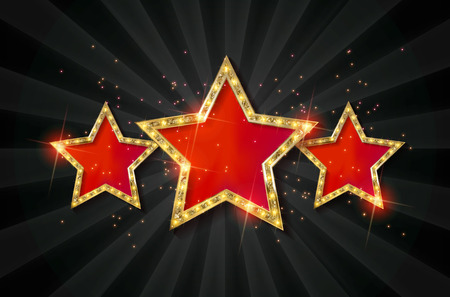 Retro light sign. Three gold red stars on dark background with rays. Vintage style banner. Vector...