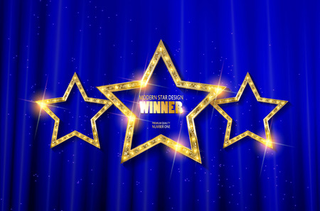 Winner. Retro light sign. Three gold stars on blue curtain background with rays. Vintage style banner. Vector illustrationのイラスト素材