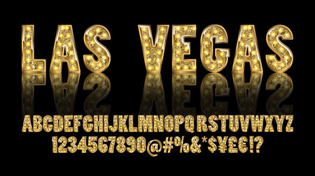 Las Vegas. Color Golden alphabet with show lamps. Vector illustration. You can use it for web-pages and banners, poster, cards and other. Isolated on a black background.のイラスト素材