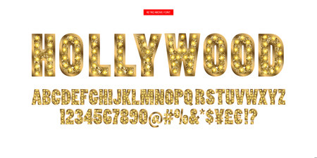 Hollywood. Color Golden alphabet with show lamps. Vector illustration. You can use it for web-pages and banners, poster, cards and other. Isolated on a white background.のイラスト素材