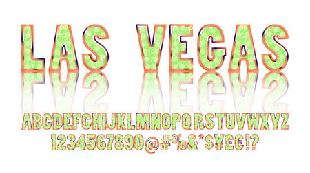 Las Vegas. Color Golden alphabet with show lamps. Vector illustration. You can use it for web-pages and banners, poster, cards and other. Isolated on a white background.のイラスト素材
