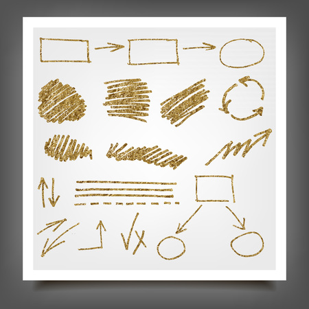 Hand drawn gold marker, pen signs, arrows, lines, shapes, hand written, speech bubble.のイラスト素材