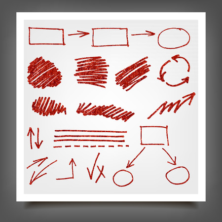 Hand drawn red gold marker, pen signs, arrows, lines, shapes, hand written, speech bubble.のイラスト素材