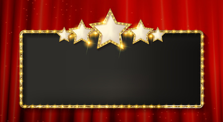 Retro frame with five stars and spots and blank billboard. Vector illustration. On the background of a red curtain.のイラスト素材