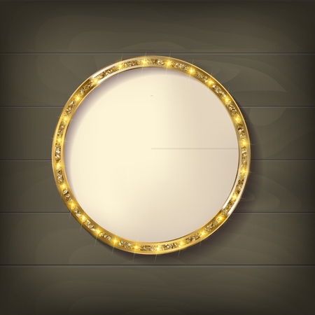 Round frame cinema on wooden background. Retro light sign. Vintage style banner. Vector illustrationのイラスト素材