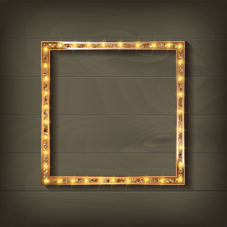 Square glowing frame on on wooden background in retro style. Vector illustrationのイラスト素材