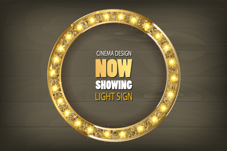 Round frame cinema on wooden background. Retro light sign. Vintage style banner. Vector illustrationのイラスト素材