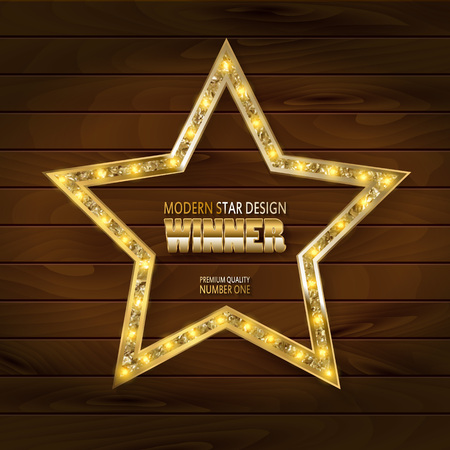 Gold star on wooden background. Vector illustration in vintage style.のイラスト素材
