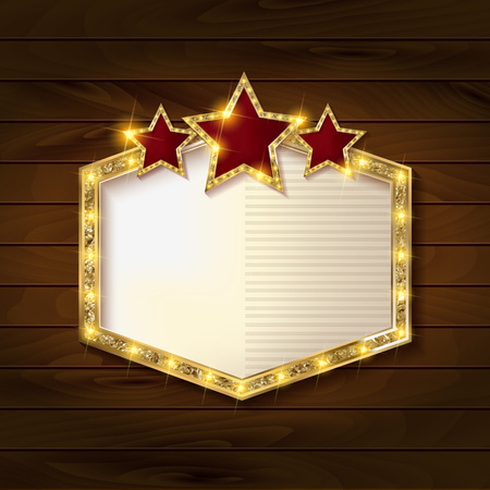 Showtime Retro Signs. Retro billboard with neon lights illustration. On wooden backgroundのイラスト素材