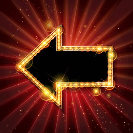 Vector marquee arrow symbol. On the background of the red curtain. Vector illustrationのイラスト素材
