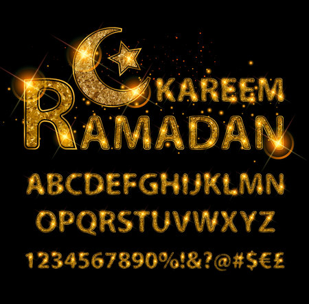 Beautiful golden letters and figures of the alphabet in Arabic style. Vector illustration.のイラスト素材