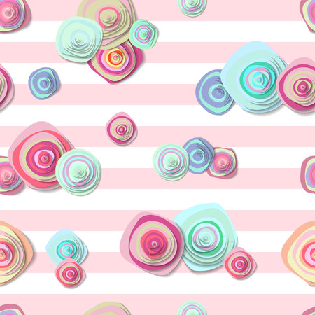 Colorful Summer seamless vector pattern with cute flowers on navy color stripes background. Vector illustrationのイラスト素材