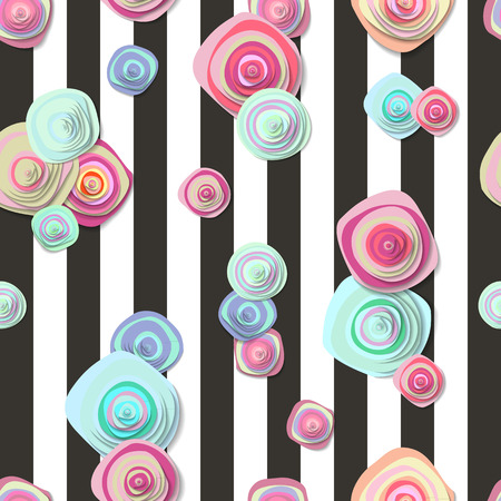 Colorful Summer seamless vector pattern with cute flowers on navy color stripes background. Vector illustrationのイラスト素材