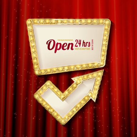 set of retro frames with glowing lamps. Collection of banners with shining lights in vintage style isolated on red background. Vector illustration.のイラスト素材