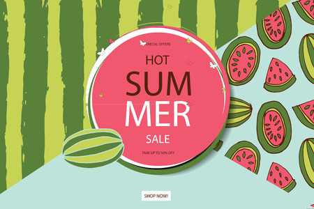 Summer sale vector banner design for promotion with colorful beach elements behind white circle in watermelon background. Vector illustration.のイラスト素材
