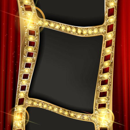 Gold film on the red curtain backdrop. Vector illustration. Bannerのイラスト素材