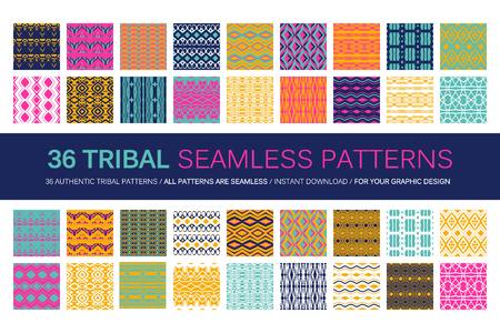 Set of 36 tribal seamless patterns. Indian geometric backgrounds. Stylish Navajo fabric. Modern abstract Wallpaper. Vector illustration. Colour versionのイラスト素材