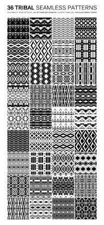 Set of 36 tribal seamless patterns. Indian geometric backgrounds. Stylish Navajo fabric. Modern abstract Wallpaper. Vector illustration. Black and white versionのイラスト素材