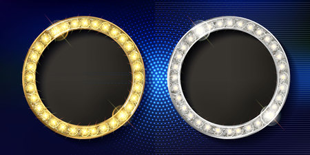 Set of gold with silver frame round. Isolated on dark background. Vector illustration.のイラスト素材