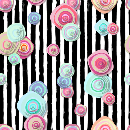 Colorful Summer seamless vector pattern with cute flowers on navy color stripes background. Vector illustrationのイラスト素材