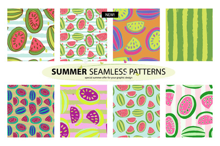 Set watermelon patterns. 8 patterns summer. Vector illustrationのイラスト素材