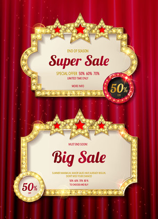 Big set of retro frames with glowing lamps. Collection of banners with shining lights in vintage style isolated on red background. Vector illustration.のイラスト素材