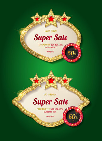 Big set of retro frames with glowing lamps. Collection of banners with shining lights in vintage style isolated on red background. Vector illustration.のイラスト素材