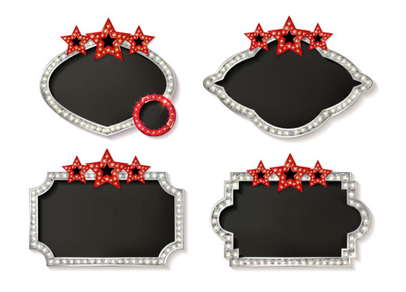 Big set of retro frames with glowing lamps. Collection of banners with shining lights in vintage style isolated on red background. Vector illustration.のイラスト素材