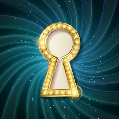 vector Golden keyhole. VIP Invitation card with sparkling background, gold key and keyhole. Vector illustrationのイラスト素材
