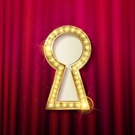 vector Golden keyhole. VIP Invitation card with sparkling background, gold key and keyhole. Vector illustrationのイラスト素材
