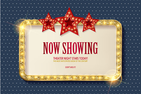 Bright red marquee with light bulbs with three stars on the background of polka dot. Very Cool for casino, cinema, disco or party advertisement. Vector illustrationのイラスト素材