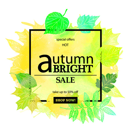 Autumn leaf foliage watercolor. Autumn sale. Fall sale. Web banner or poster for e-commerce, on-line cosmetics shop, fashion beauty shop, store. Vector illustration. EPS 10のイラスト素材