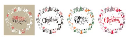 Set Christmas greeting cards with text wish you a Merry Christmas and wreath with many winter doodles. Santa, toys, cookies, snowmen, fir, candies, socks, gifts, bows, snowflakes, hollies mittensのイラスト素材